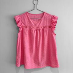 Pre Owned Vibrant Pink Eyelet Cutout Flutter Sleeve Blouse