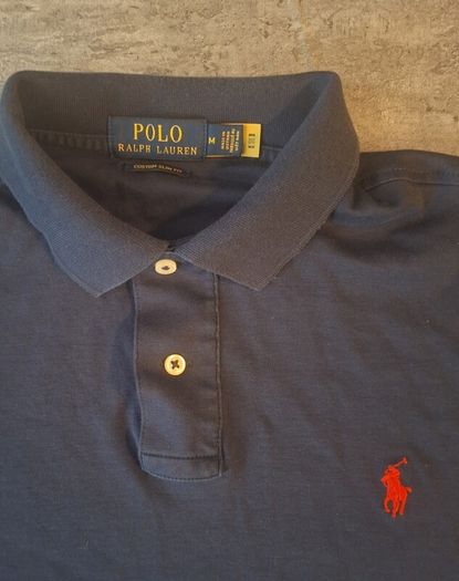 Polo Ralph Lauren Men's M Custom Slim Long Sleeve Polo Shirt Navy Blue Red Pony