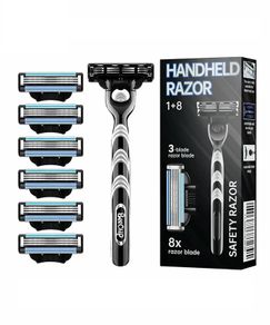8 PCS Manual Razor For Men Three Layer Blade With Knife Holder Stainless Steel Blades No Skin Damage Old Style Blades Shaver Like Gillette Fusion Mach