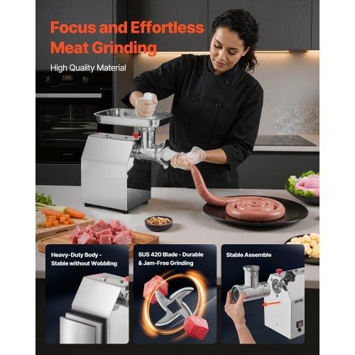Commercial Electric Meat Grinder, 3.2 kg/min Capacity, #12 Industrial Meat Mincer with 2 Stainless Steel Blades, 2 Grinding Plates, 850W Heavy-Duty Sausage Maker, for Kitchen, Restaurant
