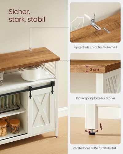 Sideboard, Kitchen Cabinet, Storage Cabinet with 2 Sliding Doors, 33 x 100 x 80 cm, Adjustable Shelves, for Living Room, Cloud White/Honey Brown