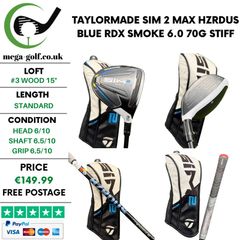 Taylormade Sim 2 Max #3 Wood 15 Degree / Hzrdus Blue Rdx Smoke 6.0 70G Stiff