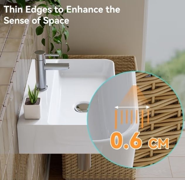 Bathroom Ceramic Wash Basin Sink White, 46x31cm) - Countertop or Wall Mounted Rectangular Basin,Slim Edge & Storage Ledge Design White, 46  31cm