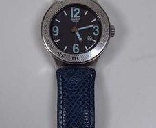 Swatch Irony Stainless Steel Quartz Watch Blue Leather Strap Date 46mm