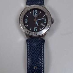 Swatch Irony Stainless Steel Quartz Watch Blue Leather Strap Date 46mm