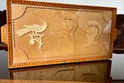 Vintage Pretty Greek Handmade Wooden Glass Top Drinks Cocktail Tea Tray Historic Grecian Motifs 1970s