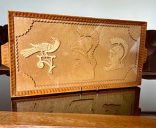 Vintage Pretty Greek Handmade Wooden Glass Top Drinks Cocktail Tea Tray Historic Grecian Motifs 1970s