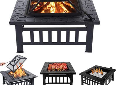 3 in 1 Square Fire Pit with Poker, Outdoor Fire Pits BBQ Table Backyard Patio Bonfire Garden