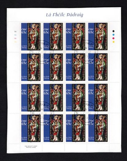2005 Ireland St Patrick's Day Commemorative Stamp Sheetlet Plate 1A1A1A1A Fine Used with Dublin cancel of 17th February 2005 (First day of issued) on envelope extract.