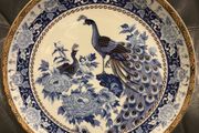Vintage Japanese Blue &amp; White Peacock Porcelain Plate with Gold Trim