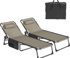 Reclining Sun Lounger Set of 2, Folding Sun Bed 4 Position Adjustable, 190x60x31 cm Sunloungers with Removable Headrest & Side Pocket Load capacity 300lbs for Garden, Beach, Camping, Khaki