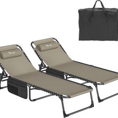 Reclining Sun Lounger Set of 2, Folding Sun Bed 4 Position Adjustable, 190x60x31 cm Sunloungers with Removable Headrest & Side Pocket Load capacity 300lbs for Garden, Beach, Camping, Khaki