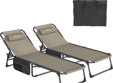 Reclining Sun Lounger Set of 2, Folding Sun Bed 4 Position Adjustable, 190x60x31 cm Sunloungers with Removable Headrest & Side Pocket Load capacity 300lbs for Garden, Beach, Camping, Khaki