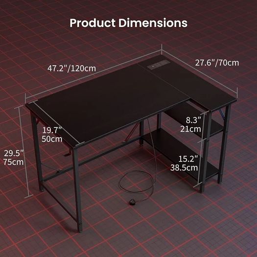 L Shaped Gaming Desk with Power Outlets, 120x70cm Computer Table Small Corner Desk with Large Reversible Storage Shelves, Home Office PC Workstation with Hooks for Writing Study, Black