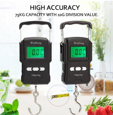 BRAND NEW 75Kg/10g Electronic Weighing Scale LCD Digital Display Hanging Hook Scale with Measuring Tape for Fishing Travel