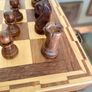 Vintage Marquetry Inlaid Folding Wooden Chess Board Chess Pieces Dice and Counters Image 5