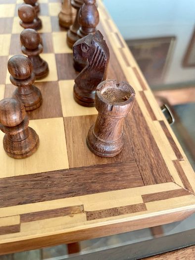 Vintage Marquetry Inlaid Folding Wooden Chess Board Chess Pieces Dice and Counters
