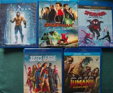 Lot of 5 x Super Hero Blu-Rays Spider-Man, Spider-Verse, Justice League, Aquaman, Jumanji EX+