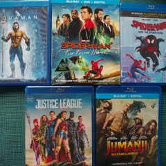Lot of 5 x Super Hero Blu-Rays Spider-Man, Spider-Verse, Justice League, Aquaman, Jumanji EX+