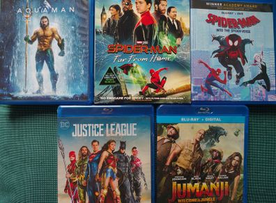 Lot of 5 x Super Hero Blu-Rays Spider-Man, Spider-Verse, Justice League, Aquaman, Jumanji EX+