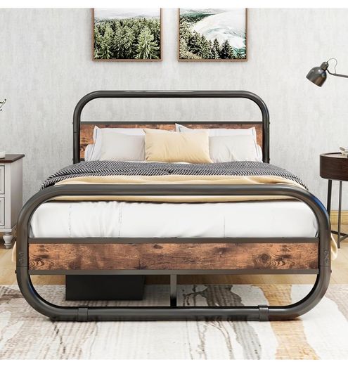 5ft King Size Bed Frame with Headboard and footboard,Brown Oval-Shaped Platform Bed with Under-Bed Storage,Steel Slats Mattress Foundation Round Pipe Design,Enhanced Support Noise Free