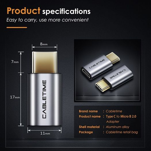 Cabletime Aluminum Alloy OTG Micro USB (Female) to USB-C (Male) QC 3.0/2.0 Charger & Sync Convertor Adapter (Brand New/Warranty)