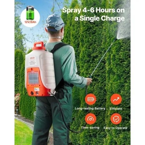 Battery Powered Backpack Sprayer 15.1 L Tank 0-90 PSI Adjustable Pressure  Features & Details No More Hand Pumping: Spraying has never been easier! VEVOR's battery-powered sprayer features a durable 8Ah lithium-ion battery, which can spray for 4-6 hou
