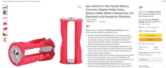 4pcs 4AAA to C Size Parallel Battery Convertor Adapter Converter Switcher Holder Cases, Battery Holder Battery Storage Box For Electronics and Emergency Situations