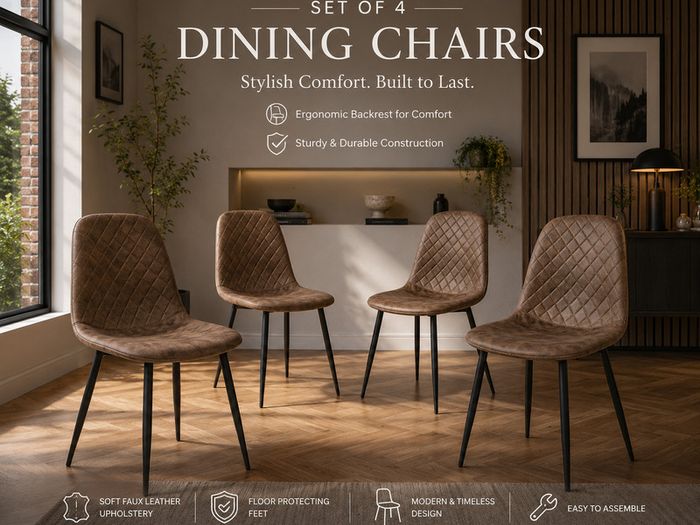 Set of 4 Brown Faux Leather Dining Chairs with Black Metal Legs