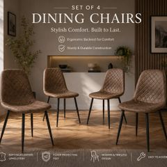 Set of 4 Brown Faux Leather Dining Chairs with Black Metal Legs