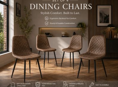 Set of 4 Brown Faux Leather Dining Chairs with Black Metal Legs