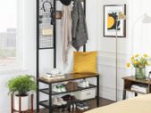 Large coat rack with bench, clothes rack with 9 coat hooks and shoe rack, wardrobe with lattice wall, 185 cm high, plenty of storage space, hallway, bedroom, vintage, dark brown