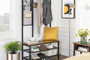Large coat rack with bench, clothes rack with 9 coat hooks and shoe rack, wardrobe with lattice wall, 185 cm high, plenty of storage space, hallway, bedroom, vintage, dark brown