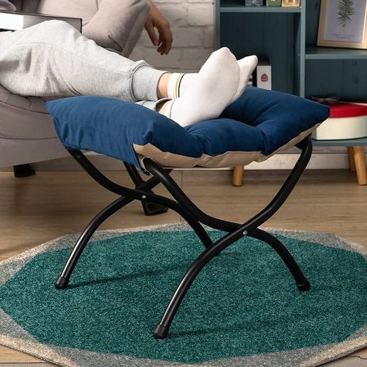 Foldable Footstool Foot Rest Stool Folding Footstools for Living Room Garden Balcony Velvet Leg Rest Sofa Small Ottoman with Metal Legs, Dark Blue