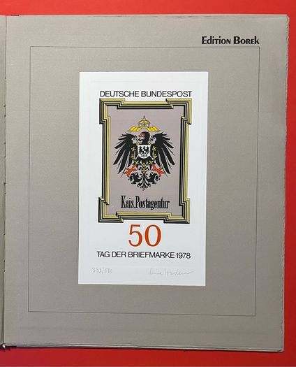 1978 Germany Borek Edition with slipcase. Contains stamps with 12 graphics under mounts with competition designs for postage stamps Germany