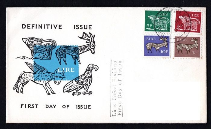 1969 Ireland Gerl Definitive 4d, 5, 10d & 1s Illustrated First Day Cover (FDC) with Dun Laoghaire Cancel