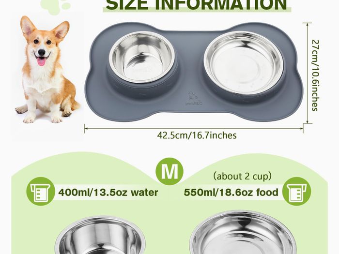 Pecute Dog Bowls Non Slip, Stainless Steel Double Bowls Set with Non-Spill Silicone Mats Tray.