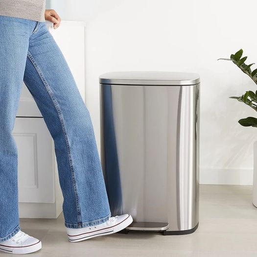 Rectangular Kitchen Pedal Bin with Steel Bar Pedal, Soft-Closing Mechanism, Brushed Stainless Steel, 50 L