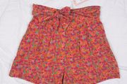 FRNCH Orange Pink Green Floral High-Waisted Tie Waist Shorts Size S