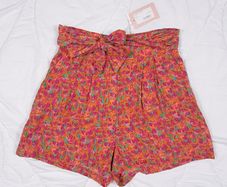 FRNCH Orange Pink Green Floral High-Waisted Tie Waist Shorts Size S