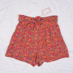 FRNCH Orange Pink Green Floral High-Waisted Tie Waist Shorts Size S