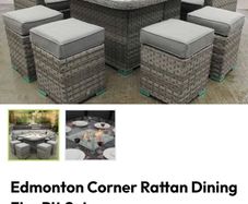Edmonton Rattan Garden Set and Fire Pit Table and Parasol