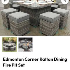 Edmonton Rattan Garden Set and Fire Pit Table and Parasol