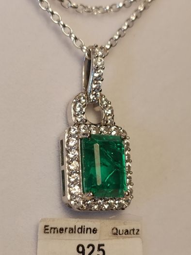 Beautiful Emeraldine & Zircon Pendant in Rhodium Plated Sterling Silver
