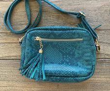 Manoukian Teal Snakeskin Leather Crossbody Camera Bag