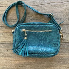 Manoukian Teal Snakeskin Leather Crossbody Camera Bag