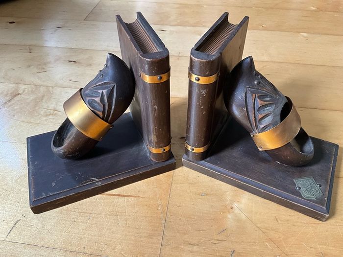 Vintage Normandie wood clog shoe bookends