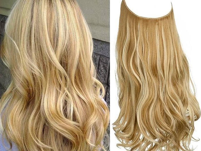 Hair Extension 18 Inch Invisible Adjustable Wire Hair Piece Curly Wavy Long Synthetic Hairpieces for Women Natural Heat Temperature Fiber (18 Inch (Pack of 1), Honey Blonde/Bleach (MULTIPLE COLOURS AVAILABLE)
