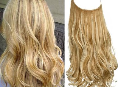 Hair Extension 18 Inch Invisible Adjustable Wire Hair Piece Curly Wavy Long Synthetic Hairpieces for Women Natural Heat Temperature Fiber (18 Inch (Pack of 1), Honey Blonde/Bleach (MULTIPLE COLOURS AVAILABLE)