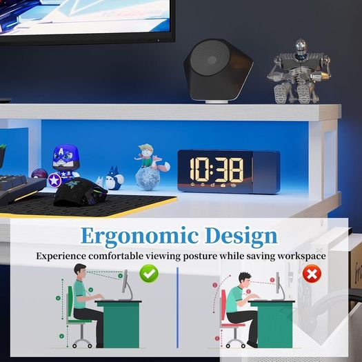 L Shaped Desk with LED Lights & Power Outlets, 100 cm Gaming Desk with 2 Shelves, Computer Table with Monitor Stand